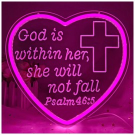 God is Within Her She Will Not Fall Neon Sign for Wall Decor Bible Verse Led Neon Sign Psalm 46:5 Christian Women Religious Inspiration Light Up Sign for Home Bedroom Decoration Gift