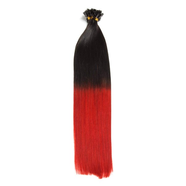 Ombre Keratin Bonding Extensions 100% Remy Human Hair 150 x 1 g 50 cm Straight Strands Long Hair with Keratin Bondings U-Tip as Hair Extensions and Thickening Hair Colour: Natural Black/Red