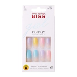 KISS Gel Fantasy Ready-to-Wear Press-On Gel Nails, “It's Destiny”, Long, Multi-Colored Pastel Tips, Nail Kit with 24 Mega Adhesive Tabs, Pink Gel Glue, Manicure Stick, Mini File, and 28 Fake Nails