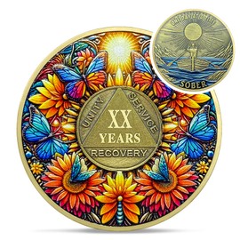 IELCJJ Delicate Sunflower 20 Year Sobriety Coin - 20 Year Recovery Butterfly AA Coins - One Day at A Time NA HA AA Chips and Medallions - 1-40 Years Living Clean Alcoholics Anonymous Gifts for Men Women
