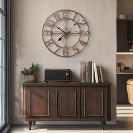 Cuspin 24 inch Wall Clock, Large Wall Clocks for Living Room, Decorative Metal Round Clock Battery-Operated Silent Non Ticking Retro Rustic Arabic Numerals Analog, Bronze