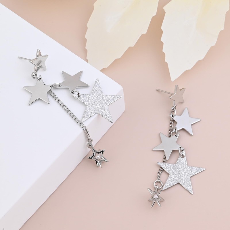 Silver Sparkly Star Drop Earrings, 925 Sterling Silver, Long Tassel