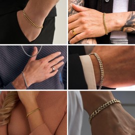 NOKMIT Stainless Steel Cuban Link Bracelet for Men & Women, 5mm/9mm/12mm Width, 7"/7.5"/8"/8.5" Length, Dainty 14K Gold Silver Chunky Curb Chain Bracelets Hip Hop Jewelry, Unisex Gifts (Gold-5mm, 8 Inches)
