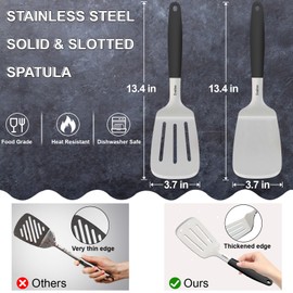 Svailse Stainless Steel Spatula, 13.4 Inch Metal Spatula for Kitchen Use, Heavy Duty Turner with Silicone Handle, Set of 2 Solid & Slotted Metal Turner for Cast Iron Skillet, Grilling and Cooking