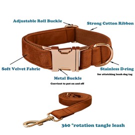 Velvet Dog Collar and Leash Set, Soft & Comfy Dog Collar and Leash, Heavy Duty Metal Buckle Adjustable Collars for Small Medium Large Dogs Training & Walking (XL-Collar Girth: 14.5"-23.6", Copper Red)