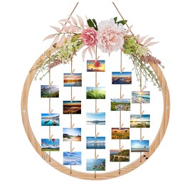 Wood Picture Frames for Wall Decor, 23.62" Round Hanging Photo Broad with Artificial Flowers and 15 Clips, Adjustable Twines Collage Artworks Prints Multi Polaroid Pictures Organizer and Hanging Display Frames (Pink-Red)