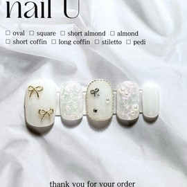 Ribbon Pearl Shell Handmade Nail Tips - Short Almond / 리본 진주 쉘 수제네일팁 - 숏 아몬드