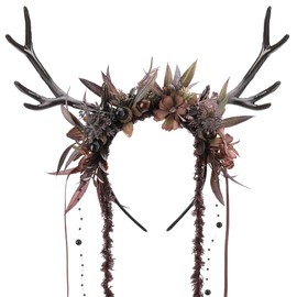 MOSTORY Dark Flower Reindeer Headband - Gothic Floral Antlers Headpiece for Renaissance Accessories Women Dark Fairy Costume, Deer Horns Headband with Vine for Goth Cosplay Renfaire Witch Aesthetic