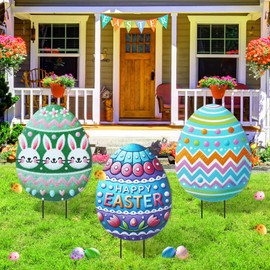 DoubleFill 3 Pcs Easter Decorations Outdoor 3D Metal Easter Eggs Yard Signs Decorative Garden Stakes Eggs Bunny Lawn Decorations Yard Decor for Spring Ornament Lawn Pathway Garden(Crayon Style)