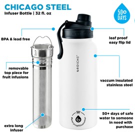 GROSCHE Chicago Stainless Steel Tea Infuser Flask | Beverage Bottle | Hot & Cold Drinks | Loose Leaf Tea Infuser | Travel Convenience Water Bottle | 32 fl oz, White