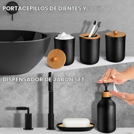 Juego de 5 accesorios de baño negros mate, dispensador de jabón de plástico y soporte para cepillo para polvo de dientes, jabonera, tarro de hisopo