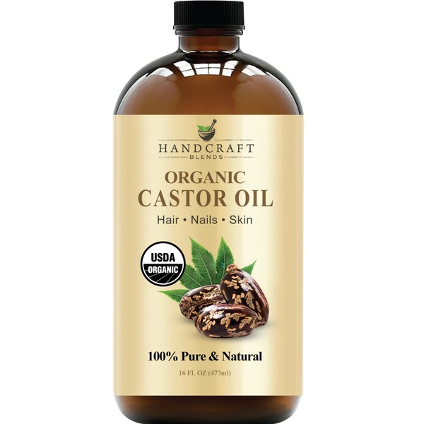 Handcraft Organic Castor Oil for Hair Growth, Eyelashes and Eyebrows in Glass Bottle - 100% Pure and Natural Carrier Oil, Hair Oil and Body Oil - Moisturizing Massage Oil for Aromatherapy - 16 fl. Oz