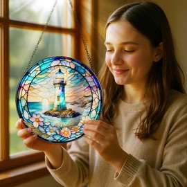 Stained Glass Window Hanging, Pauyadu Lighthouse Sun Catchers, Stained Glass Suncatcher, Lighthouse Decor Gifts for Women, Men, Lovers, Friend, Family and Partners- 8 Inch