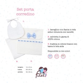 Filet - Carry Set Consisting of a Bag with Aida Insert, Face Cloth and Bib for Embroidery, Gift Idea for Expecting Parents, 100% Cotton, Made in Italy, White and Light Blue, White and light blue