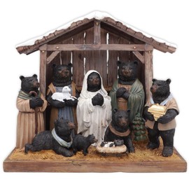 Needzo Resin Black Bear Nativity Set, Cabin Christmas Decoration, 9 x 7.75 Inches