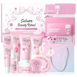 Set De Cuidado Facial Sakura Para Adolescentes Y Mujeres, Kit De 32 Piezas Con Esencia De Flor De Cerezo, Srum, Limpiador, Mascarilla Labial,...      
