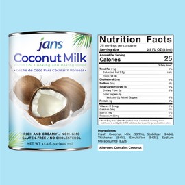 Jans Coconut Milk 17% fat 13.5 FL | Rich and Creamy | Gluten Free | Certified Non-GMO | Perfect use for cooking, curries, sauces, baking and beverages (Pack of 1)