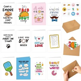 ANGOLIO Tarjetas de felicitación para padres para niños, 25 piezas divertidas de verano Sleepaway Camp papelería con sobres adhesivos para niños, niña