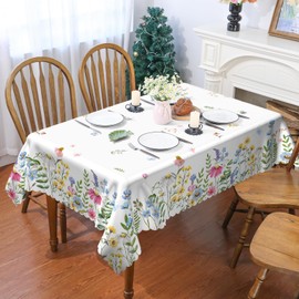 Spring Tablecloth 60x84 Inch Rectangular, Wild Flowers Seasonal Summer Table Cover Scallop Edge Picnic Table Cloth