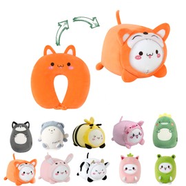 JOYRAVO Kids Travel Pillow 2-in-1 Malleable Neck Pillow, Soft U Shaped Pillow with Cute Plush Toys, Cozy Sleeping and Play Companion for Airplanes and Travel (Fox)