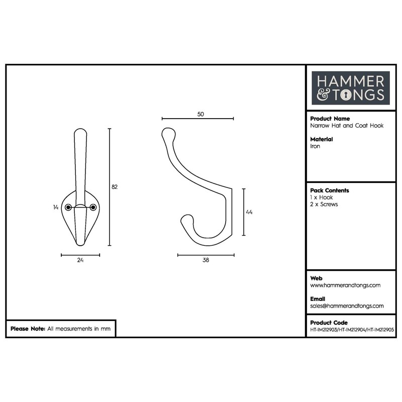 Hammer and Tongs - Narrow Hat & Coat Hook -