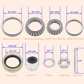 Boat Trailer Axle Hub Bearing Kit L68149 L44649 with 1.98'' Trailer Dust Covers,171255TB Grease Seals,Spindle Nuts,Cotter Pins, Axle Nuts Washers for #84 1-1/16'' to 1-3/8" 3500lb Spindle-2 Sets