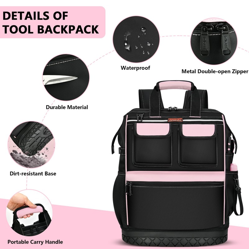 LOKASS Pink Tool Bag for Women, Wide-open Tool Backpack with