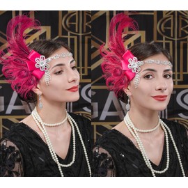 Cizoe 1920s Great Gatsby Accessories Set for Women, Flapper Headband Headpiece Roaring 20s Flapper Girl Costume Accessories Set(rose)