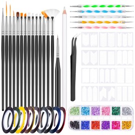 MELLIEX 45 Piece Nail Art Brush Set, Nail Brush Rhinestones Nails French Nail Sticker Dotted Pen Strip Tape Set for Nail Art