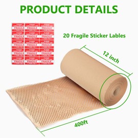 Honeycomb Packing Paper Wrap 12"x400' Recycled Cushion Wrapping Roll Eco Friendly Shipping Moving Wrap Biodegradable Packaging Suppliers with 20 Fragile Sticker Labels