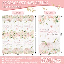 FYSUIMU 100Pcs Fall Guest Napkins A Little Pumpkin is on the Way Disposable Napkin Pink White Floral Pumpkin Baby Shower Dinner Hand Napkin for Gender Reveal