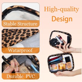 Froxique 3 Size Clear Toiletry Bags for Traveling Women,TSA Approved Makeup Bag with Gold Zipper, PVC Tote Cosmetic Bags for Airport Airline,Waterproof and Portable(Leopard Print 3 Pack)