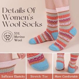 Riqiaqia 5 Pairs Women Winter Merino Wool Socks Thermal Warm Thick Knitting Crew Sock Ladies for Hiking Walking Climbing, Christmas Socks Gifts