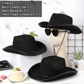 Geyoga 9 Pcs Cowboy Hat with Paisley Print Bandanas and Heart Shape Sunglasses for Adults Cowboy Party Costume(Black)