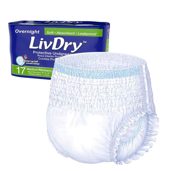 LivDry Adult M Incontinence Underwear, Overnight Comfort Absorbency, Leak Protection, Medium, 17-Pack