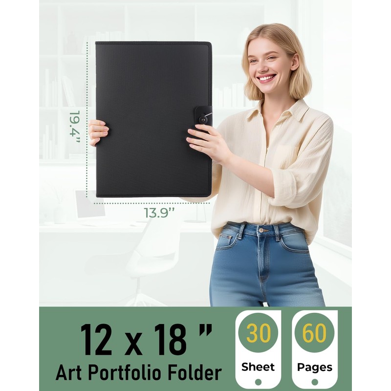 Nicpro 12x18" Art Portfolio Folder, 30 Pockets Display 60 Pages