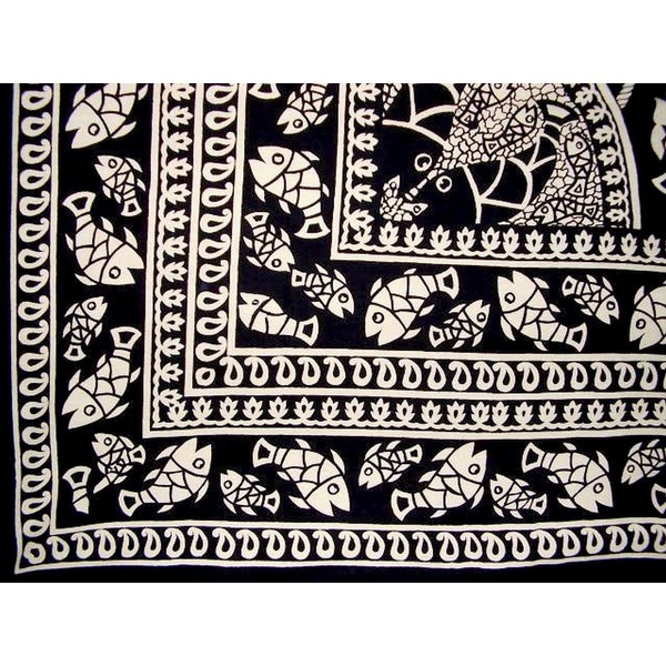 Marine Print Tapestry Cotton Bedspread 108" x 88" Full-Queen Black
