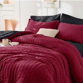 HYMOKEGE Dark Red/Black Twin Size Duvet Cover, Ultra Soft 2-Piece Seersucker Duvet Cover Set with Zipper Closure, Soft Brushed Microfiber Bedding Set with 8 Corner Ties (68"x90", 1 Pillowshams)