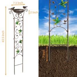 LEWIS&WAYNE Garden Trellis Bird Bath Outdoor, 40 Inch Antique Iron Garden Plant Trellis Decorative with Hummingbirds and Detachable Drinking Basin Bowl, Free Standing BirdBath Birdfeeder Station