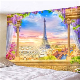 FENDROM Eiffel Tower Tapestry Paris Wall Tapestry Large Flannel Art Tapestries France City Scenery Wall Tapestry Balcony Sunset Wall Hanging for Living Room Dorm Bedroom Home