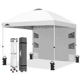 EAGLE PEAK 10x10 ft Pop Up Canopy Tent with Sidewall, 6 Storage Pockets, Roller Bag, Stakes, Ropes, and Weight Bags, Easy OnePerson Setup, UV-Resistant (White)