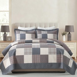 SOElinens Quilts King Size - Plaid Design Modern Quilt Set with Matching Shams, 3 Pieces 100% Cotton King Quilt Bedding Set, Reversible Bedspread Coverlet for All Season, Gray/Brown/Beige