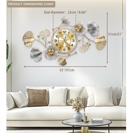 JXQXYN Clocks for Living Room, Large Wall Clock, 3D Silent Wall Clock, Retro Metal Ginkgo Leaf Design, for Bedroom Kitchen Decorative Wall Clocks（35''x20'' ）