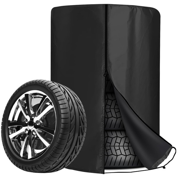 Delamiya Diameter 72 cm x Height 117 cm Universal Tyre Cover for 4, Car Tyre Protective Cover with Zip and Drawstring Tyre Cover Waterproof Tyre Bag Large Tyre Bag Tyre Bags Black