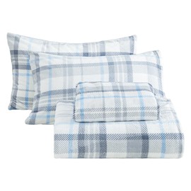 Softan Full Micro Fleece Sheets Set, 4-Piece Full Size Bed Sheet Set, Plush Velvet Fleece Sheet Set with 15" Deep Pocket Fitted Sheet, Flat Sheet, 2 Pillowcase, Soft and Warm, Grey Blue Plaid