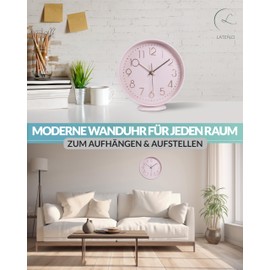 LATENO - Wall Clock without Ticking Noises - Analogue Wall Clock 30 cm for Hanging & Standing - Large Wall Clock Silent - Modern Wall Clock Living Room - Wall Clock Pink - Silent Wall Clocks - Large