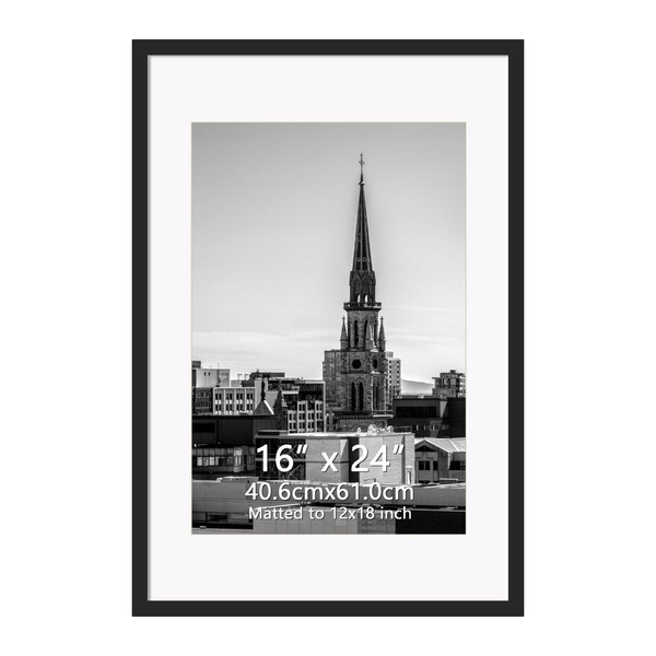 Hoikwo 16x24 Black Picture Frame, Display Pictures 12x18 with Mat