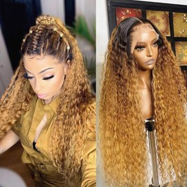 Habiliana Human Hair Wig 200% Density HD Omber 27 Deep Wave Wigs Human Hair Real Full Large Lace 4x4 Omber 27 Curly Wigs Human Hair Pre Plucked for Black Women