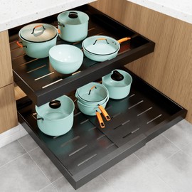 WIMEORS 2Pack Expandable Pull Out Cabinet Organizer Adhesive,21" Deep Slide Out Drawer for Kitchen Cabinets,Cabinet Pull Out Shelves For Kitchen Pantry Organization Adjustable Width 12.4"-20.4"