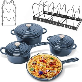 Elf Grill Enameled Cast Iron Cookware Set - 7 Piece Set of Dutch Ovens, Sauce Pan, Skillet, 3 Lids, Dutch Oven Set, Ceramic Nonstick Coated, Heavy Duty, Gas/Induction Compatible, PFA Free, Biscay Blue - size: Navy (come with organizer)